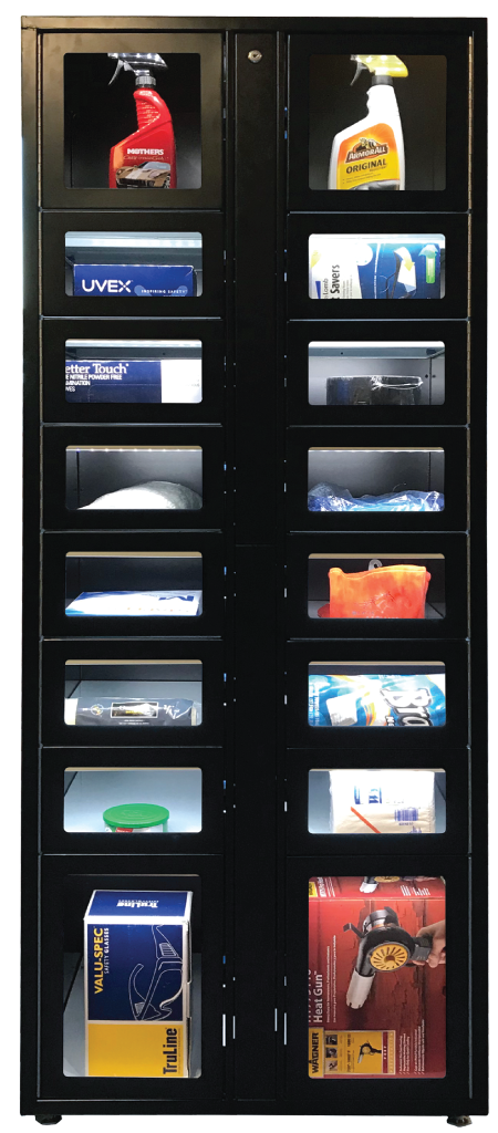 two black lockers with different items in them