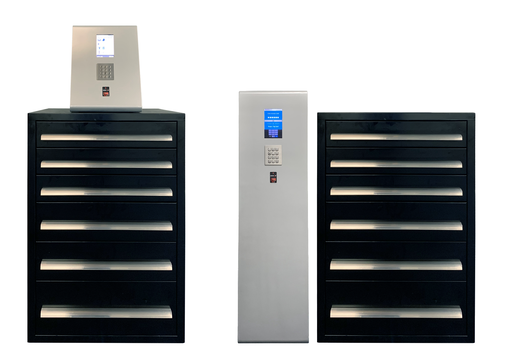 two tall black and white storage cabinets next to each other