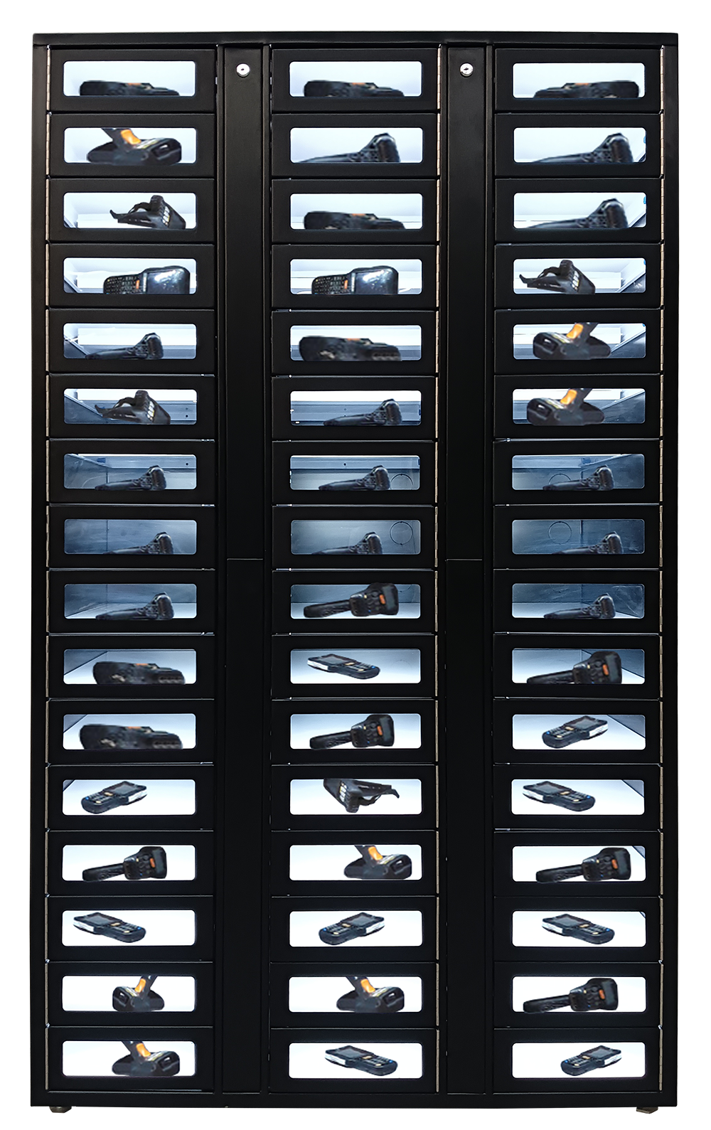 48-door-front-view-with-scanners-web a large display case filled with lots of black shoes