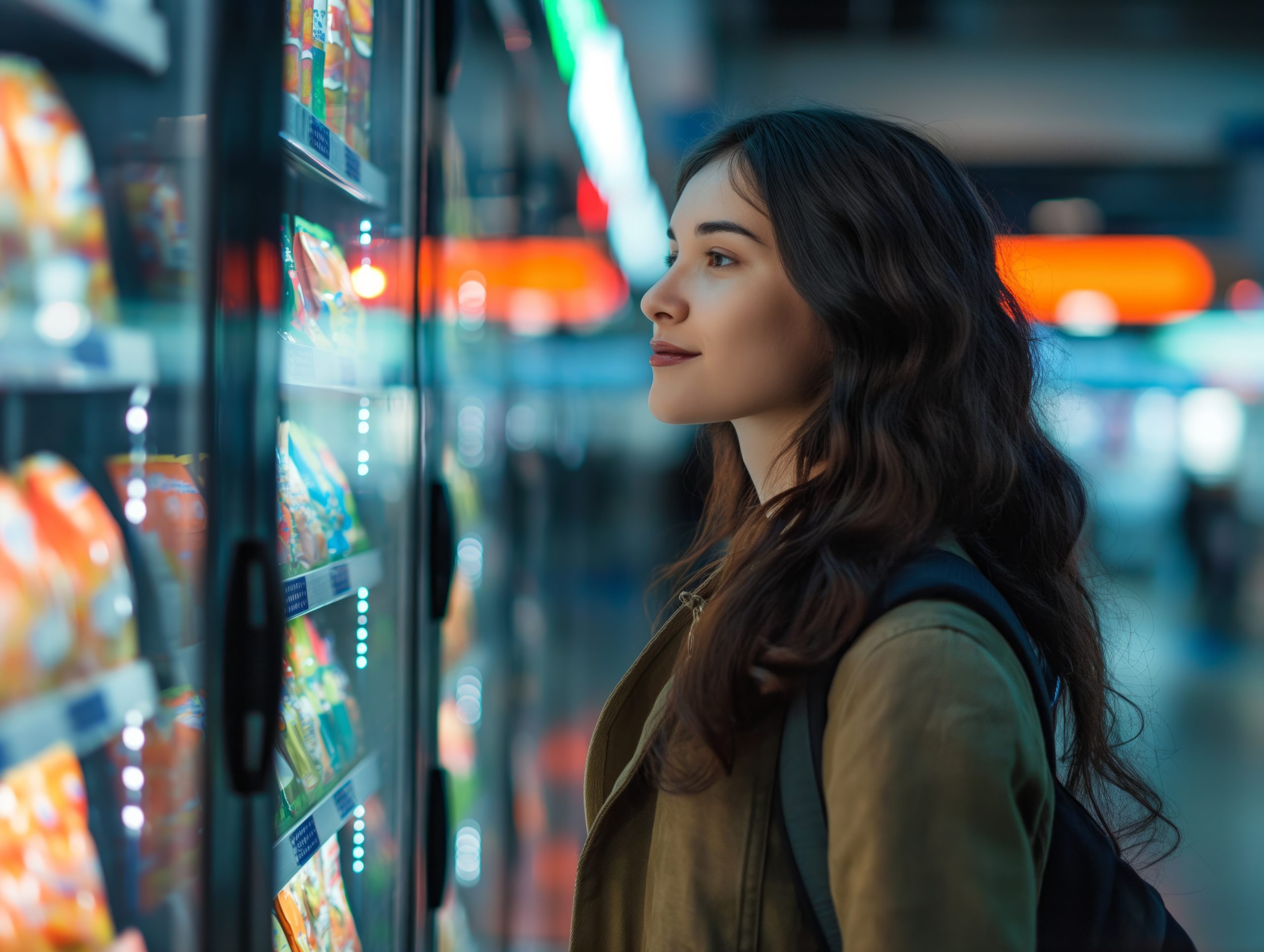 a woman looking at a vending machine
