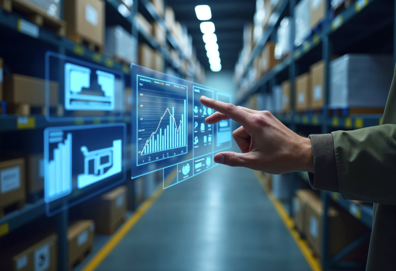 a person touching a display in a warehouse